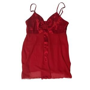 Red Satin Babydoll Lingerie Tie Front Slip Dress Silk Sheer Rose-Small